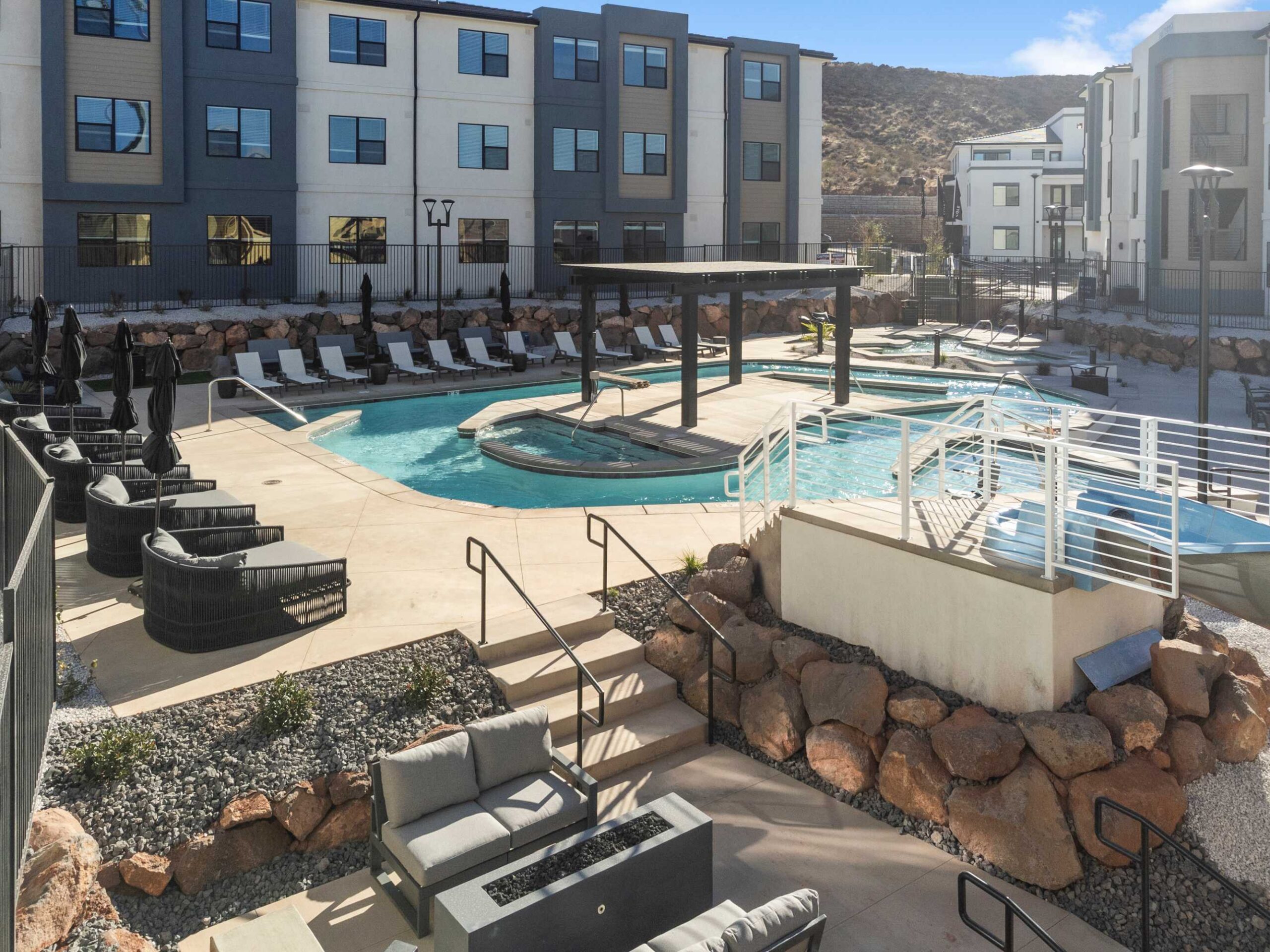 St george clubhouse lazy river, lounge chairs and firepit